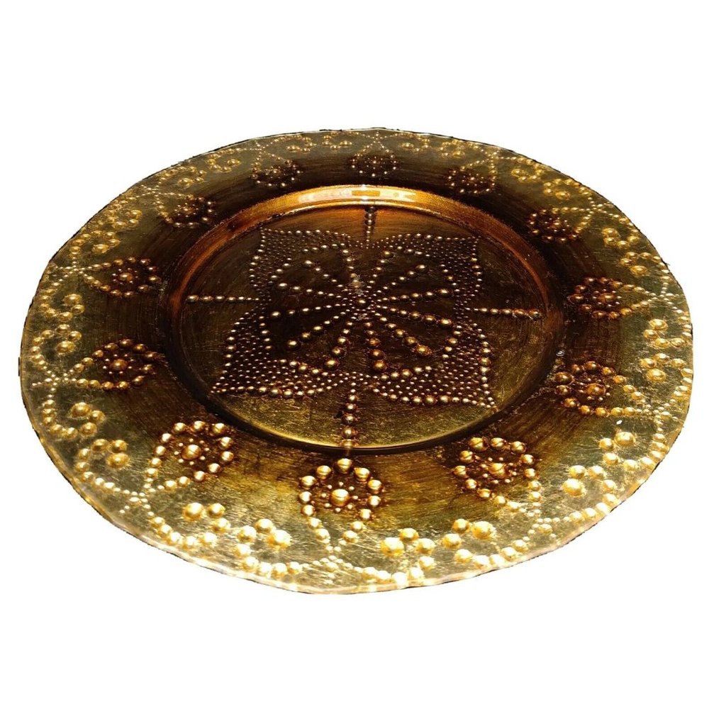 13" Decorative Gold Tone Mandala Hand Painted Art Glass Plate Three Hands Turkey